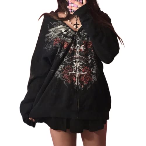 Linjianvhai Women Y2k Hoodie Grunge Fairy Hoodies Long Sleeve Aesthetic Sweatshirt Zipper Cardigan Harajuku Preppy Jacket (Gothic print Rose Black, S)