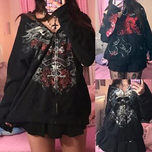 Linjianvhai Women Y2k Hoodie Grunge Fairy Hoodies Long Sleeve Aesthetic Sweatshirt Zipper Cardigan Harajuku Preppy Jacket (Gothic print Rose Black, S)