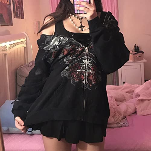 Linjianvhai Women Y2k Hoodie Grunge Fairy Hoodies Long Sleeve Aesthetic Sweatshirt Zipper Cardigan Harajuku Preppy Jacket (Gothic print Rose Black, S)