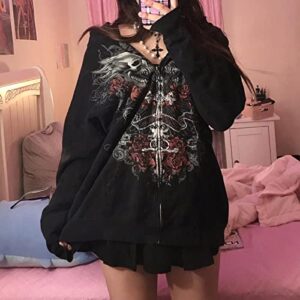 Linjianvhai Women Y2k Hoodie Grunge Fairy Hoodies Long Sleeve Aesthetic Sweatshirt Zipper Cardigan Harajuku Preppy Jacket (Gothic print Rose Black, S)