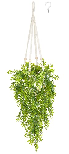 Mkono Fake Hanging Plant with Pot, Artificial Plants for Home Decor Indoor Macrame Plant Hanger with Fake Vines Faux Hanging Planter Greenery for Bedroom Bathroom Office Decoration