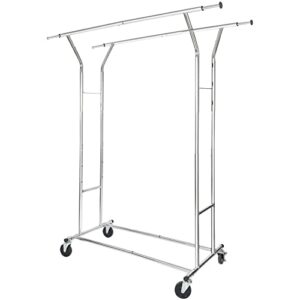 alupom extendable double rod clothing rack on wheels, heavy duty rolling commercial garment rack, chrome clothes rack for hanging clothes