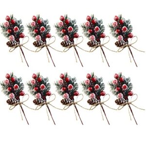 keepaa 10pcs christmas artificial berries pine cones stems decor, faux red berry stem simulation pinecones branches for xmas tree decorations, floral arrangement diy wreath winter holiday décor
