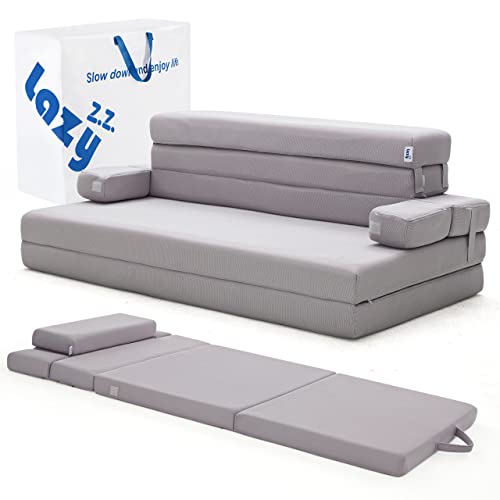 Lazyzizi Sleep 4 Inch Foldable Mattress, Portable Floor Mattress Couch with Headrest, Washable Cover, Foldable Foam Couch Full for Guest Bed, Folding Sofa Bed, Camping, Road Trip， Dark Grey