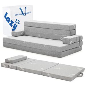 lazyzizi sleep 4 inch foldable mattress, portable floor mattress couch with headrest, washable cover, foldable foam couch queen for guest bed, folding sofa bed, camping, road trip， light grey
