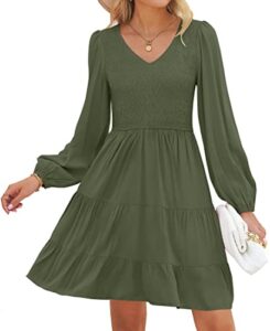 zesica women's casual v neck long sleeve smocked high waist ruffle a line tiered mini dress,armygreen,medium