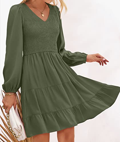 ZESICA Women's Casual V Neck Long Sleeve Smocked High Waist Ruffle A Line Tiered Mini Dress,ArmyGreen,Medium