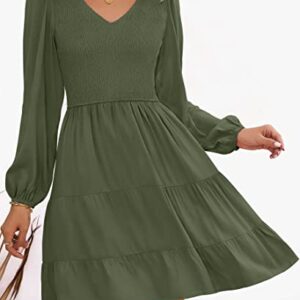 ZESICA Women's Casual V Neck Long Sleeve Smocked High Waist Ruffle A Line Tiered Mini Dress,ArmyGreen,Medium