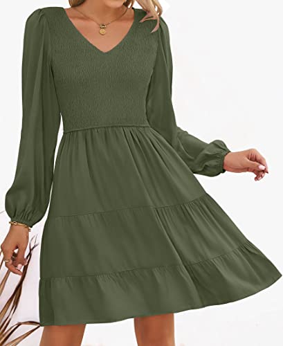 ZESICA Women's Casual V Neck Long Sleeve Smocked High Waist Ruffle A Line Tiered Mini Dress,ArmyGreen,Medium