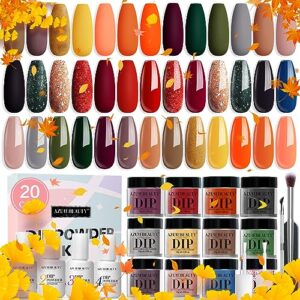 azurebeauty 29 pcs dip powder nail kit starter, fall limited orange glitter red green 20 colors acrylic dipping powder liquid set with base/top coat for french nails art manicure beginner diy salon