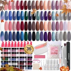 170pcs dip nails powder starter kit, azurebeauty 36 colors brown purple fall dip powder nail kit starter with essential liquid and removal accessories set for french nail art manicure salon diy home