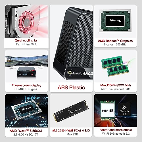 Beelink SER5 Mini PC, AMD Ryzen 5 5560U (6C/12T, Up to 4.0GHz), 16GB RAM DDR4 500GB NVMe SSD, Mini Desktop Computer Support 4K@60Hz, Three Display, WiFi6, BT5.2, HDMI+DP, Type-C, Gigabit LAN, Office