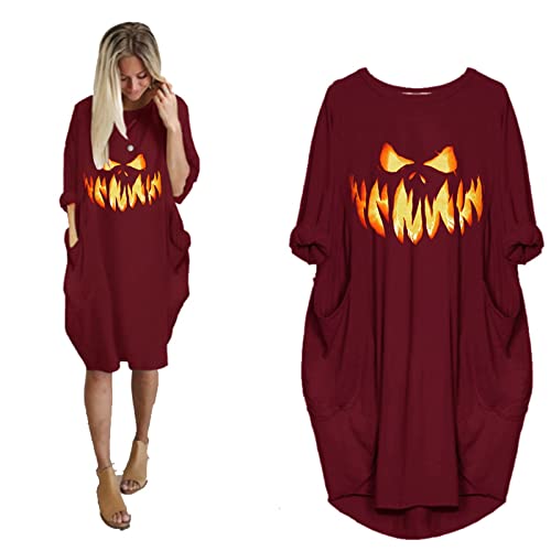 QUFECH Adult Women Halloween Costumes, Costumes For Alice In Wonderland Costume Girls 44783 Hallowmas Print Long Sleeve Tunic Dresses Pockets Plus Size T-Shirt Dress Women's Casual Loose (XL, Wine)