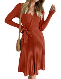 zesica women's 2023 fall long sleeve wrap v neck ribbed knit pleated a line pullover sweater dress with belt,rust,large