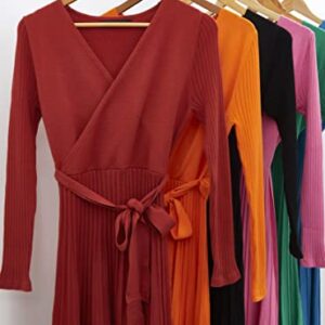 ZESICA Women's 2023 Fall Long Sleeve Wrap V Neck Ribbed Knit Pleated A Line Pullover Sweater Dress with Belt,Rust,Large