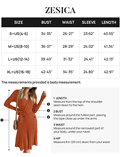 ZESICA Women's 2023 Fall Long Sleeve Wrap V Neck Ribbed Knit Pleated A Line Pullover Sweater Dress with Belt,Rust,Large