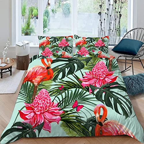Quilt Cover Full Size Pink Flamingo 3D Bedding Sets Palm Leaves Duvet Cover Breathable Hypoallergenic Stain Wrinkle Resistant Microfiber with Zipper Closure,beding Set with 2 Pillowcase