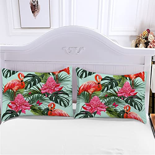 Quilt Cover Full Size Pink Flamingo 3D Bedding Sets Palm Leaves Duvet Cover Breathable Hypoallergenic Stain Wrinkle Resistant Microfiber with Zipper Closure,beding Set with 2 Pillowcase