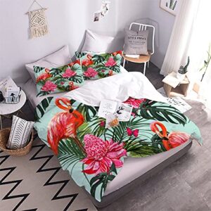 Quilt Cover Full Size Pink Flamingo 3D Bedding Sets Palm Leaves Duvet Cover Breathable Hypoallergenic Stain Wrinkle Resistant Microfiber with Zipper Closure,beding Set with 2 Pillowcase