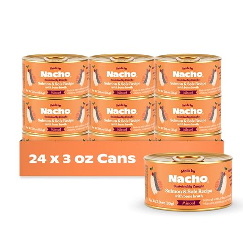 Made by Nacho Premium Minced Wet Cat Food with Hydrating Bone Broth 3.0oz (24 Packs) (Minced Wild-Caught Salmon and Sole)