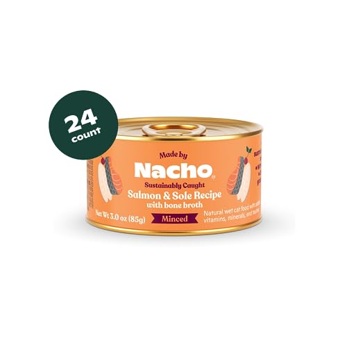 Made by Nacho Premium Minced Wet Cat Food with Hydrating Bone Broth 3.0oz (24 Packs) (Minced Wild-Caught Salmon and Sole)