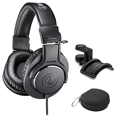 Audio-Technica ATH-M20x Closed-Back Monitor Headphones Bundle with Auray Headphones Holder and Headphone Case