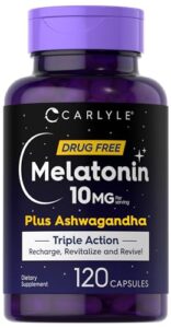 melatonin 10mg | 120 capsules | with ashwagandha | triple strength formula | non-gmo, gluten free supplement | by carlyle