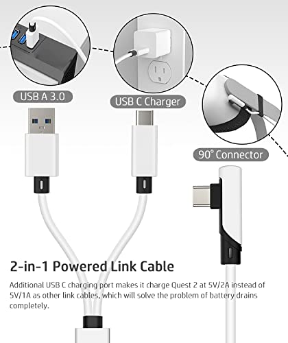 VRJEUGO Designed for Oculus Quest 2 Link Cable, 2-in-1 Powered Link Cable USB 3.0 Stream PC Games While Keeping Headset Charged, 16FT/5m