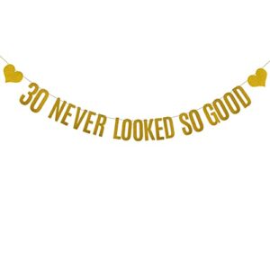 30 never looked so good banner, pre-strung, gold paper glitter party decorations for 30th birthday party supplies, letters gold,abcpartyland