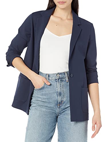 Amazon Essentials Women's Relaxed-Fit Soft Ponte Blazer, Navy, Medium