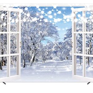 BINQOO 7x5ft Winter Landscape Window Photography Backdrop Christmas Snow Trees Scenery Background Baby Shower Kids Birthday Party Portrait Photo Studio Props