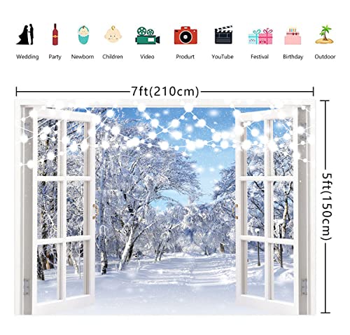 BINQOO 7x5ft Winter Landscape Window Photography Backdrop Christmas Snow Trees Scenery Background Baby Shower Kids Birthday Party Portrait Photo Studio Props