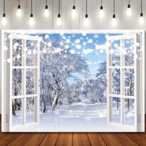 BINQOO 7x5ft Winter Landscape Window Photography Backdrop Christmas Snow Trees Scenery Background Baby Shower Kids Birthday Party Portrait Photo Studio Props