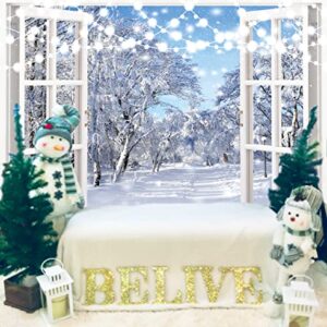 BINQOO 7x5ft Winter Landscape Window Photography Backdrop Christmas Snow Trees Scenery Background Baby Shower Kids Birthday Party Portrait Photo Studio Props