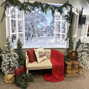 BINQOO 7x5ft Winter Landscape Window Photography Backdrop Christmas Snow Trees Scenery Background Baby Shower Kids Birthday Party Portrait Photo Studio Props