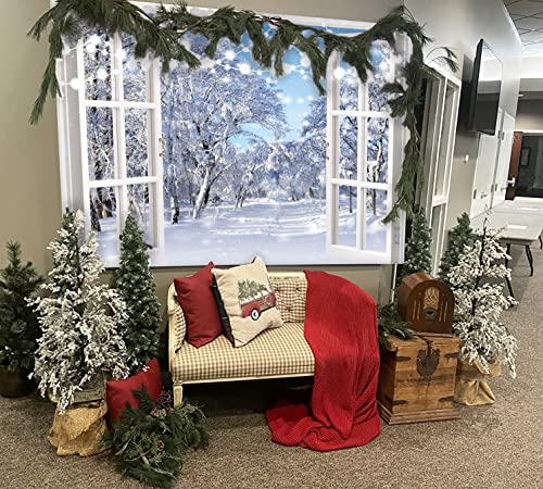 BINQOO 7x5ft Winter Landscape Window Photography Backdrop Christmas Snow Trees Scenery Background Baby Shower Kids Birthday Party Portrait Photo Studio Props