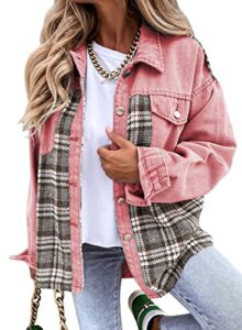 astylish women plaid boyfriend jean jacket long sleeve button down oversized plaid denim shacket jackets barbie pink large