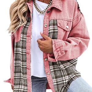 Astylish Women Plaid Boyfriend Jean Jacket Long Sleeve Button Down Oversized Plaid Denim Shacket Jackets Barbie Pink Large