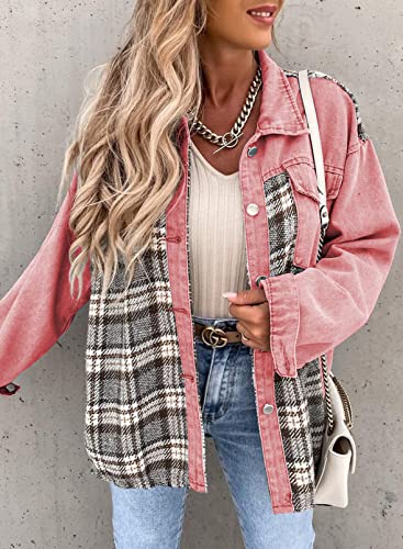 Astylish Women Plaid Boyfriend Jean Jacket Long Sleeve Button Down Oversized Plaid Denim Shacket Jackets Barbie Pink Large