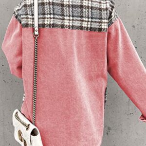 Astylish Women Plaid Boyfriend Jean Jacket Long Sleeve Button Down Oversized Plaid Denim Shacket Jackets Barbie Pink Large