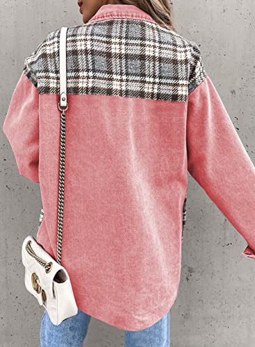 Astylish Women Plaid Boyfriend Jean Jacket Long Sleeve Button Down Oversized Plaid Denim Shacket Jackets Barbie Pink Large