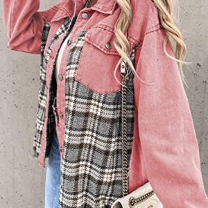 Astylish Women Plaid Boyfriend Jean Jacket Long Sleeve Button Down Oversized Plaid Denim Shacket Jackets Barbie Pink Large