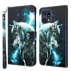 alilang phone case for oppo find x5 pro case, premium flip magnetic closure stand function card holder pu leather cover for oppo find x5 pro wallet case-wolf