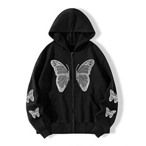 ethbox harajuku women's zipper connecting gothic butterfly printing hatshirt y2k zipper retro -graphic hoodie (black,small,small)