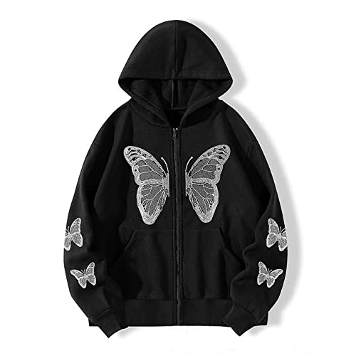 Ethbox Harajuku Women's Zipper Connecting Gothic Butterfly Printing Hatshirt Y2K zipper retro -graphic hoodie (black,Small,Small)