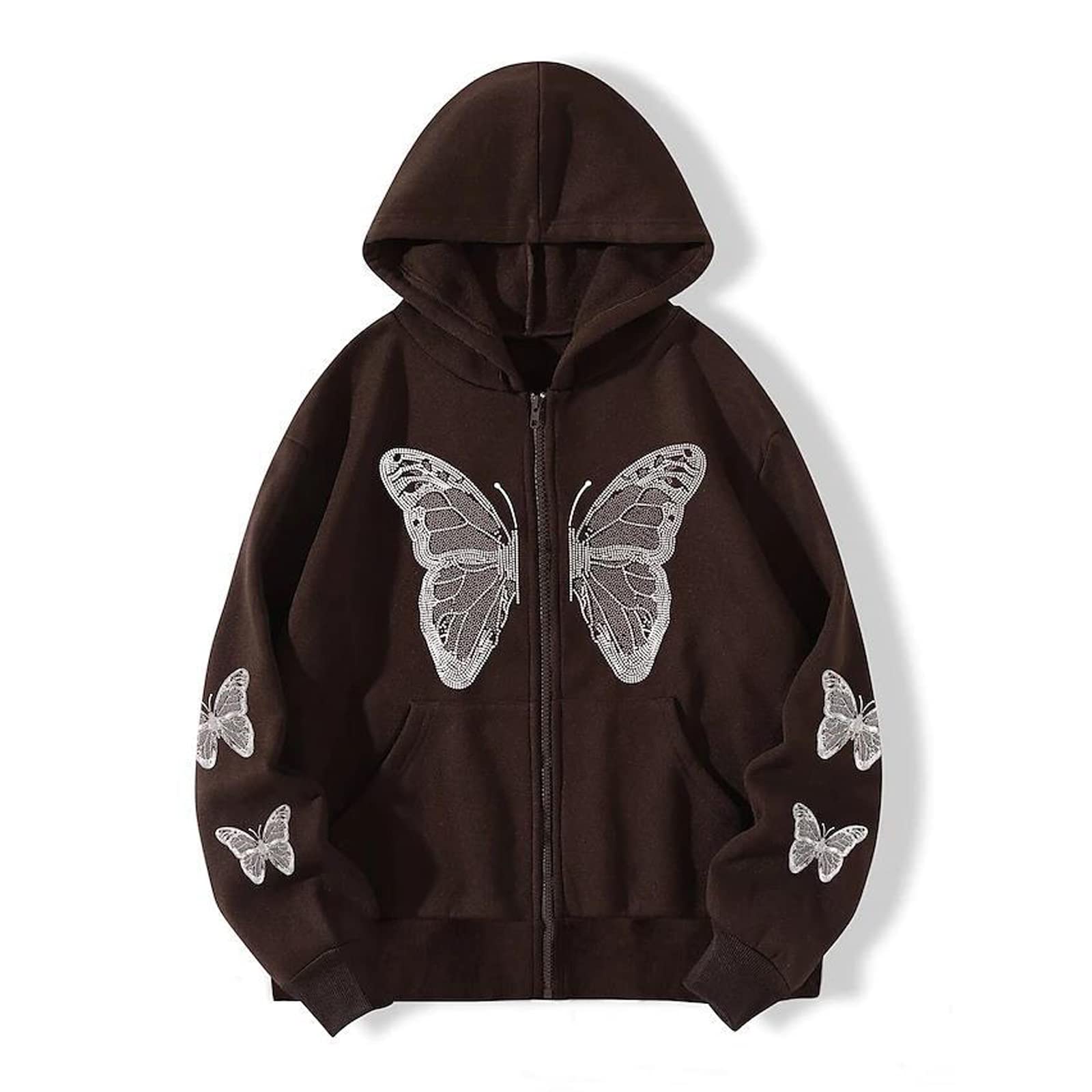 Ethbox Harajuku Women's Zipper Connecting Gothic Butterfly Printing Hatshirt Y2K zipper retro -graphic hoodie (Coffee,Large,Large)