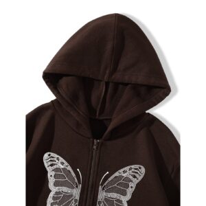 Ethbox Harajuku Women's Zipper Connecting Gothic Butterfly Printing Hatshirt Y2K zipper retro -graphic hoodie (Coffee,Large,Large)