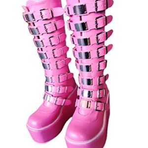 Gothniero Platform Boots Pink Goth Boots Chunky Heel Gothic Holographic Booties Knee High Women Combat Motorcycle Boots with Buckles Size 5-11