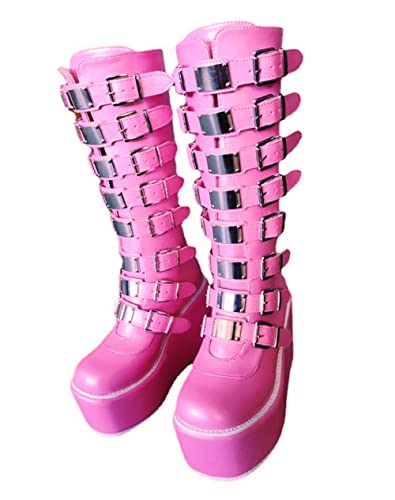 Gothniero Platform Boots Pink Goth Boots Chunky Heel Gothic Holographic Booties Knee High Women Combat Motorcycle Boots with Buckles Size 5-11