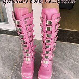 Gothniero Platform Boots Pink Goth Boots Chunky Heel Gothic Holographic Booties Knee High Women Combat Motorcycle Boots with Buckles Size 5-11